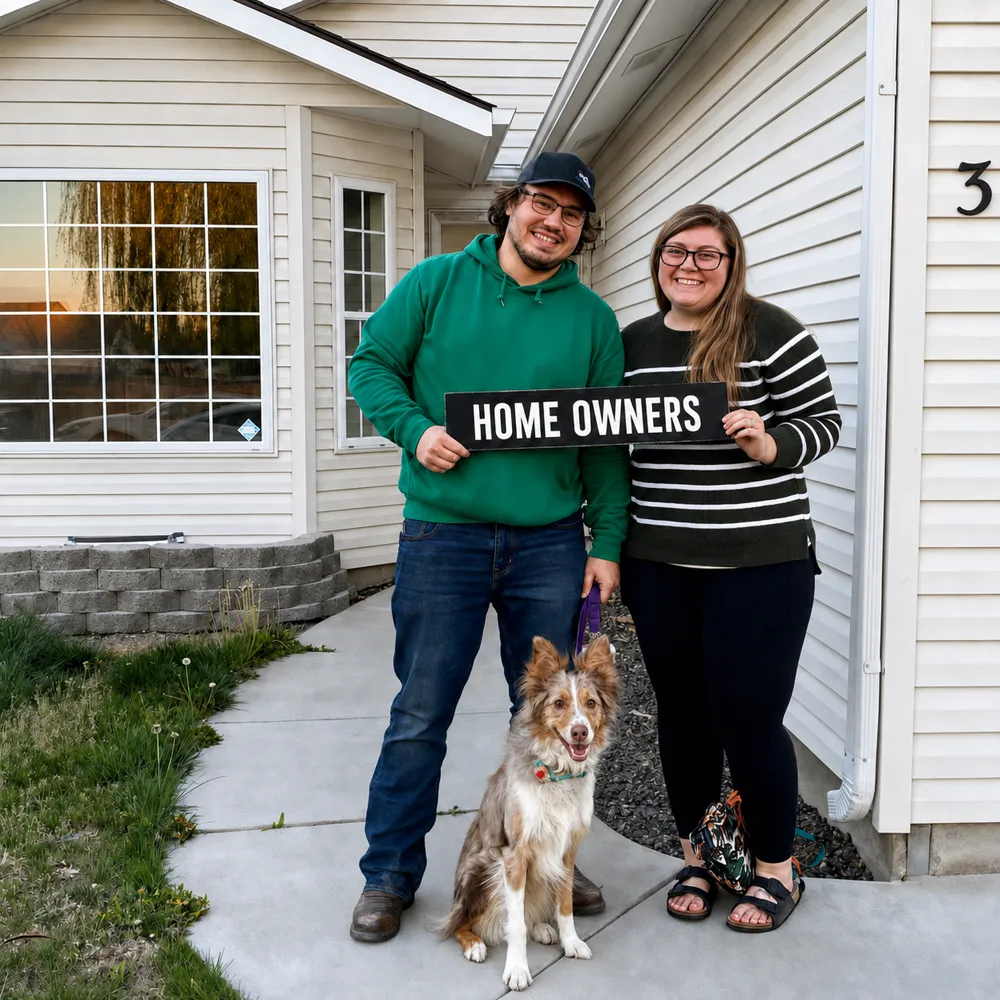 Two new homeowners and their dog holding a Home Owners sign on the front walk of their house